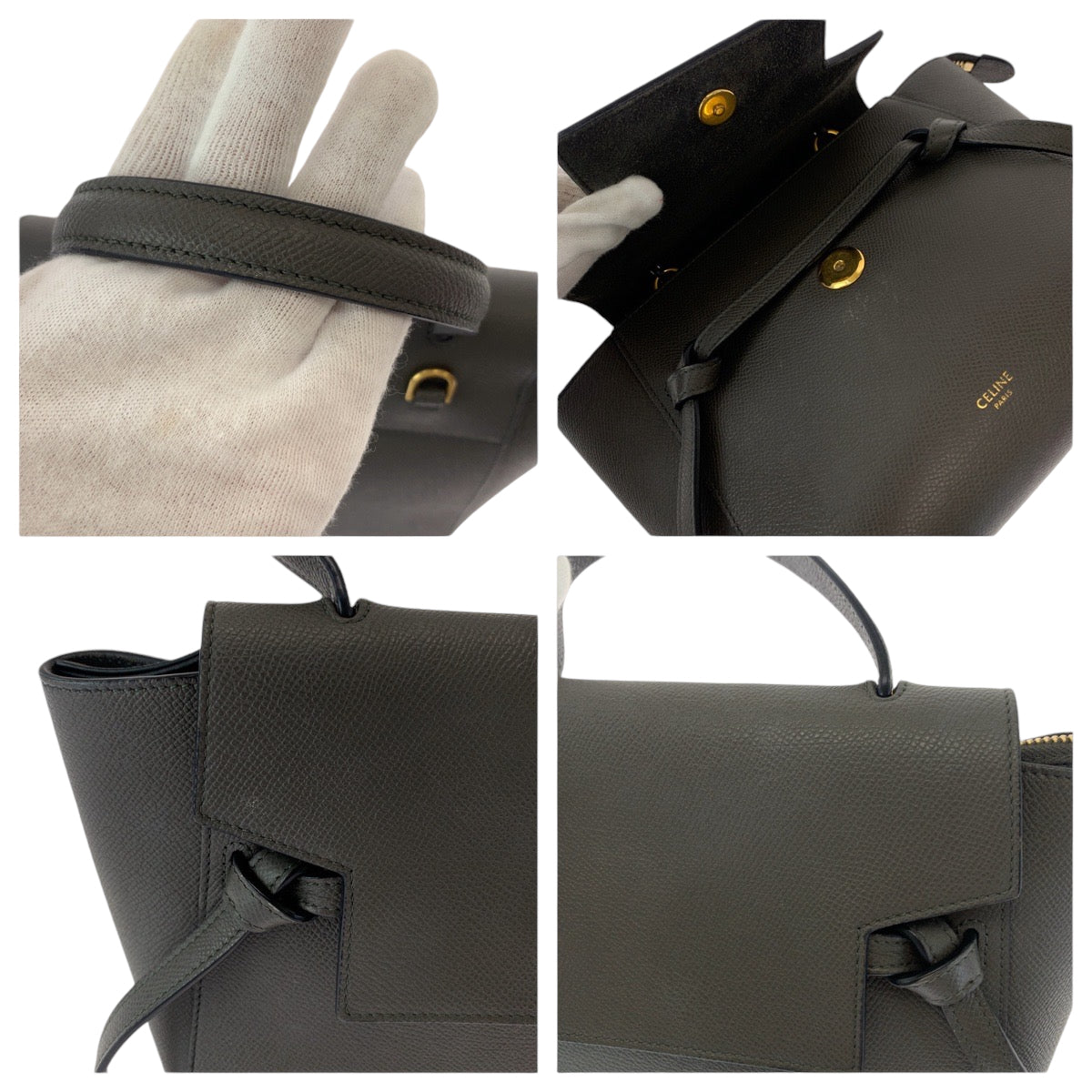 CELINE セリーヌ ベルトバッグ ナノ グレー ゴールド金具 グレインカーフレザー ハンドバッグ  レディース