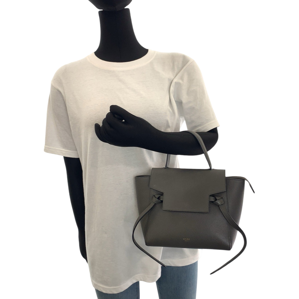 CELINE セリーヌ ベルトバッグ ナノ グレー ゴールド金具 グレインカーフレザー ハンドバッグ  レディース