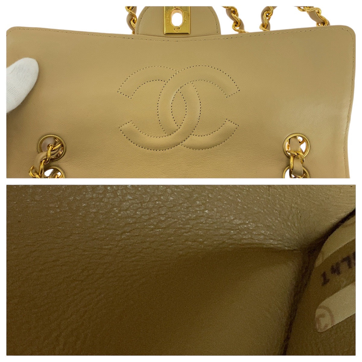 13744
CHANEL シャネル ヴィンテージ マトラッセ ココマーク ターンロック ベージュ ゴールド金具 ラムスキン ショルダーバッグ ポシェット  レディース