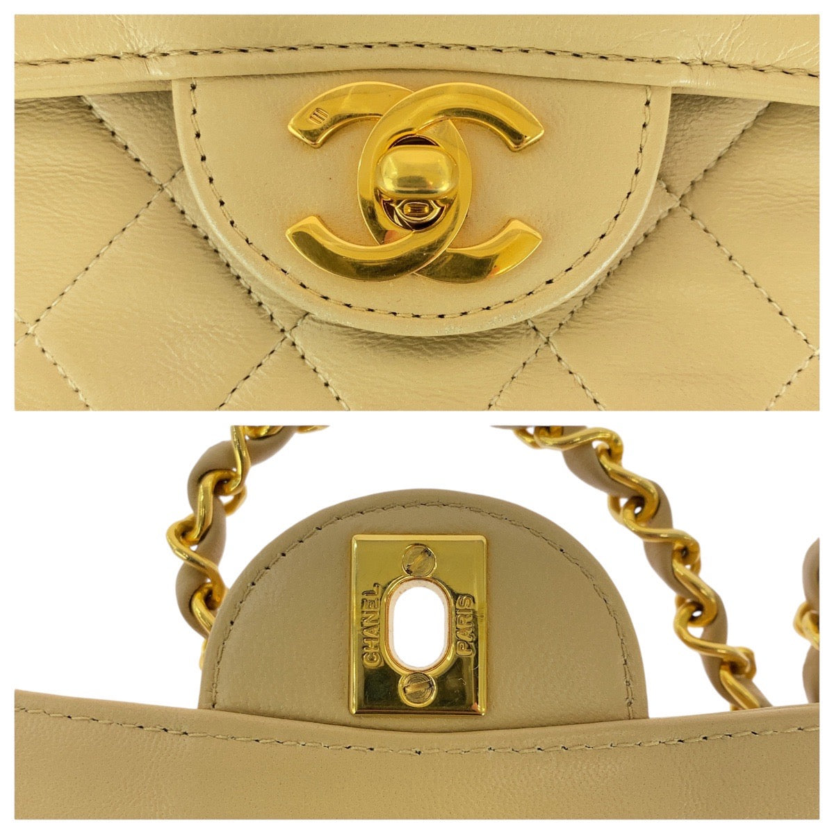 13744
CHANEL シャネル ヴィンテージ マトラッセ ココマーク ターンロック ベージュ ゴールド金具 ラムスキン ショルダーバッグ ポシェット  レディース