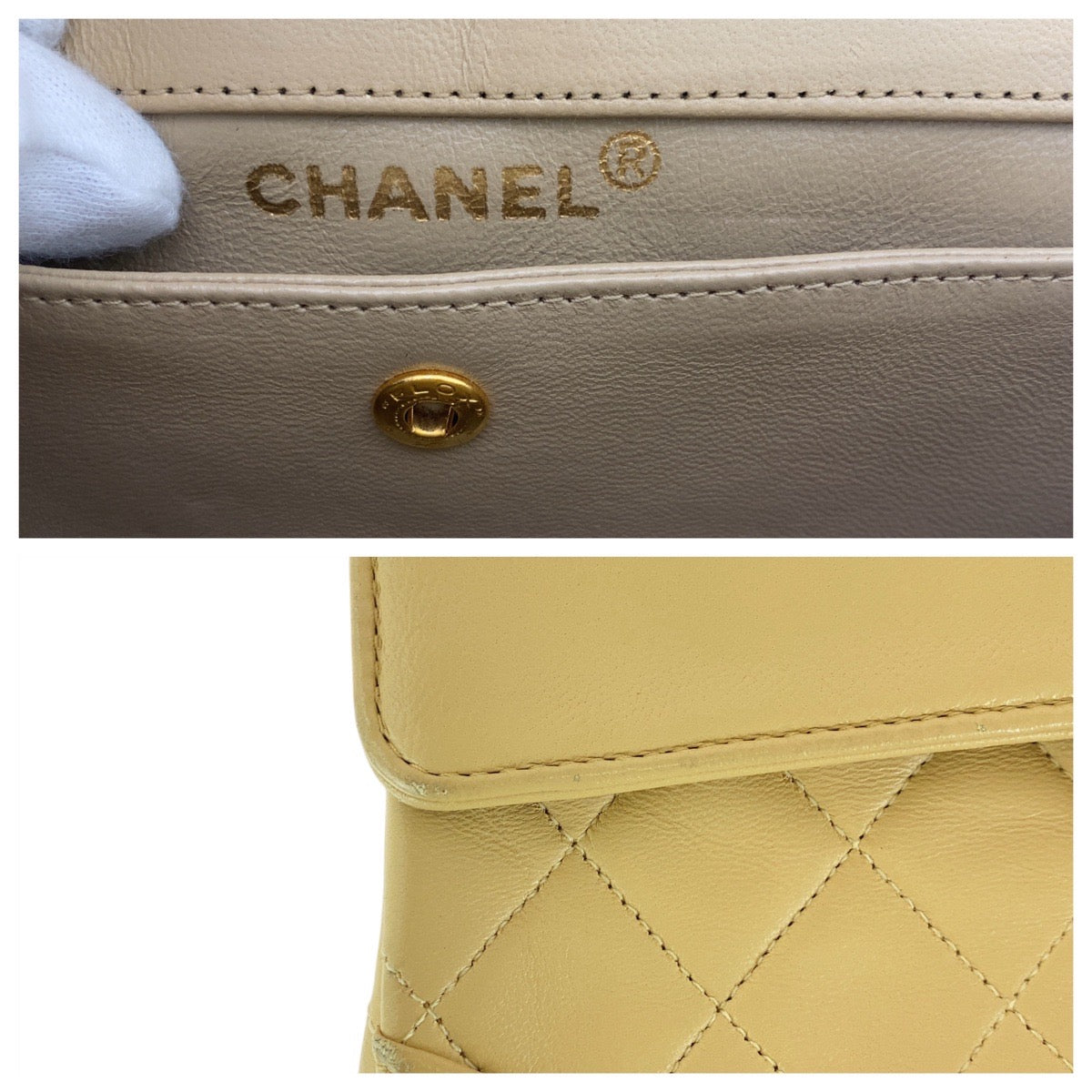 13744
CHANEL シャネル ヴィンテージ マトラッセ ココマーク ターンロック ベージュ ゴールド金具 ラムスキン ショルダーバッグ ポシェット  レディース