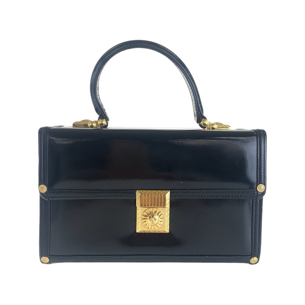 13668
VERSACE ヴェルサーチ ヴィンテージ サンバースト ブラック 黒 ゴールド金具 エナメル ハンドバッグ バニティバッグ  レディース