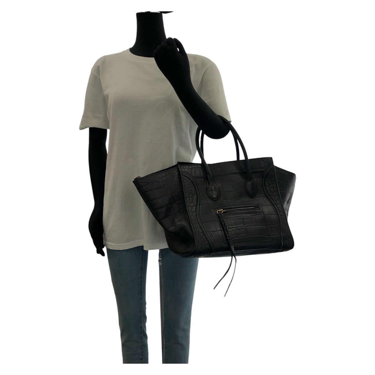 13679
CELINE セリーヌ ラゲージ ファントム 型押し ブラック 黒 ゴールド金具 レザー トートバッグ ハンドバッグ  レディース