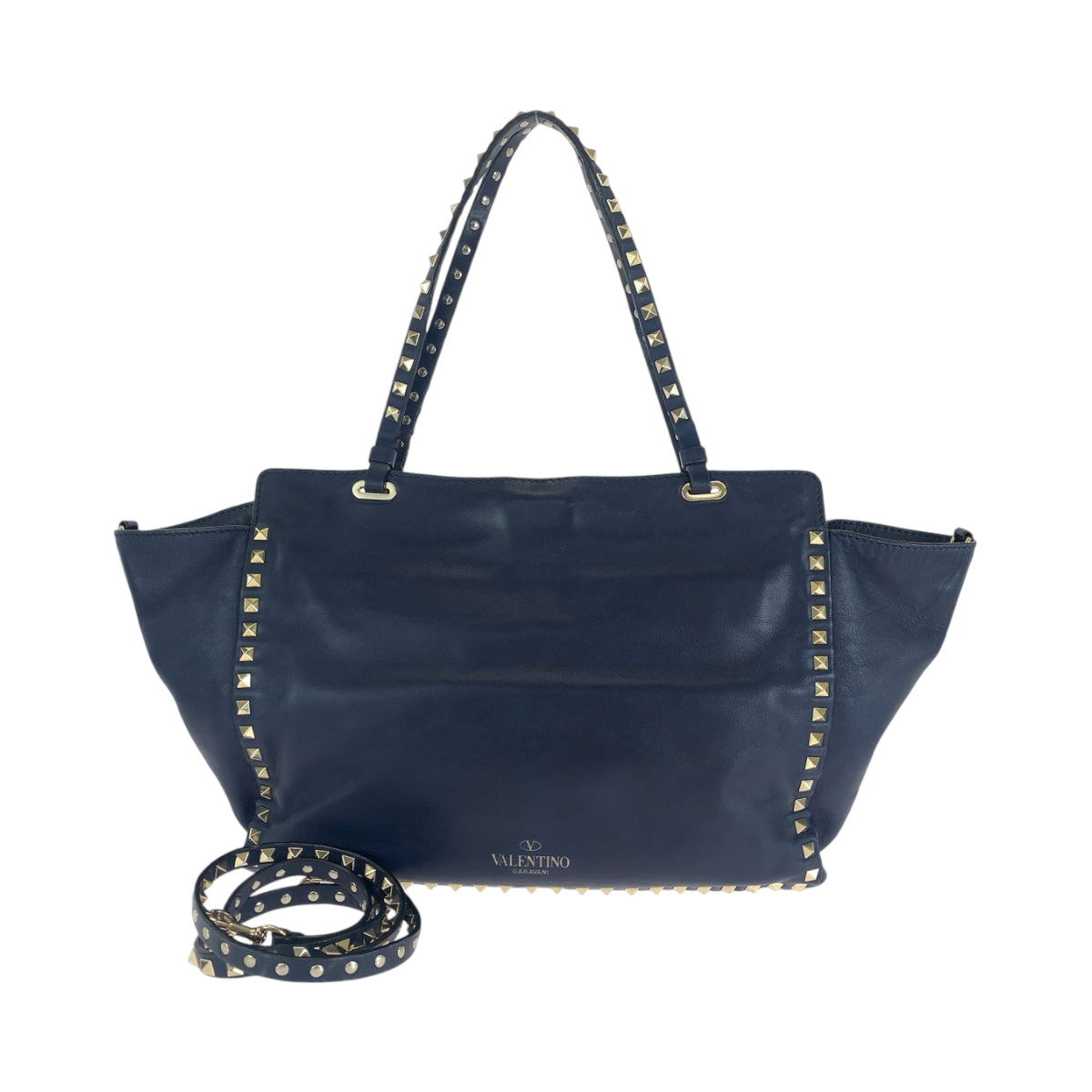13681
VALENTINO ヴァレンティノ ロックスタッズ ネイビー ゴールド金具 レザー ショルダーバッグ ハンドバッグ  レディース