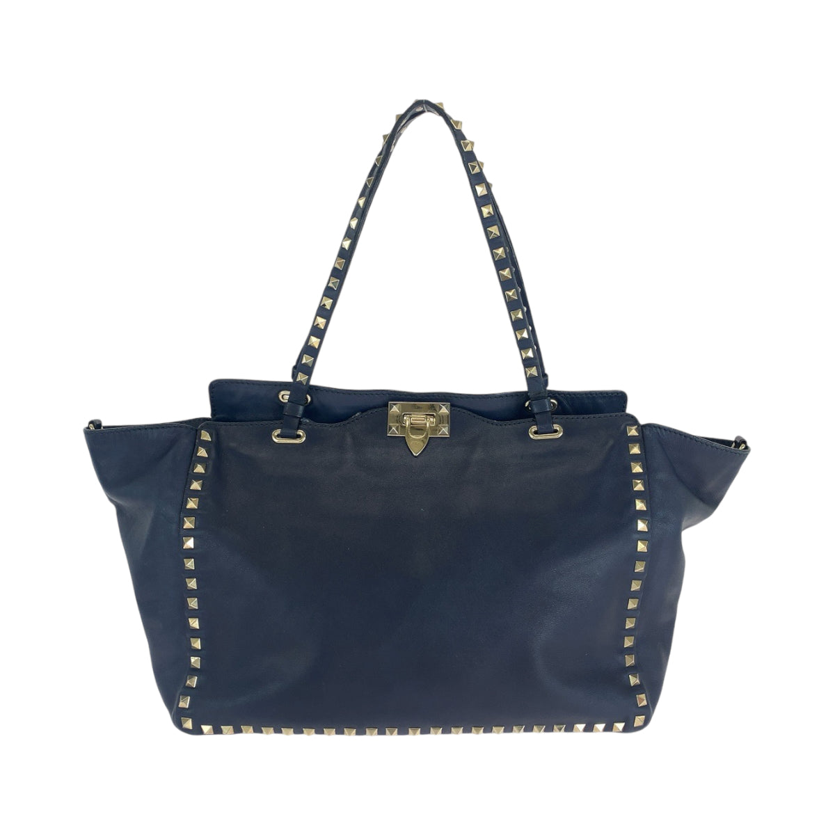 13681
VALENTINO ヴァレンティノ ロックスタッズ ネイビー ゴールド金具 レザー ショルダーバッグ ハンドバッグ  レディース