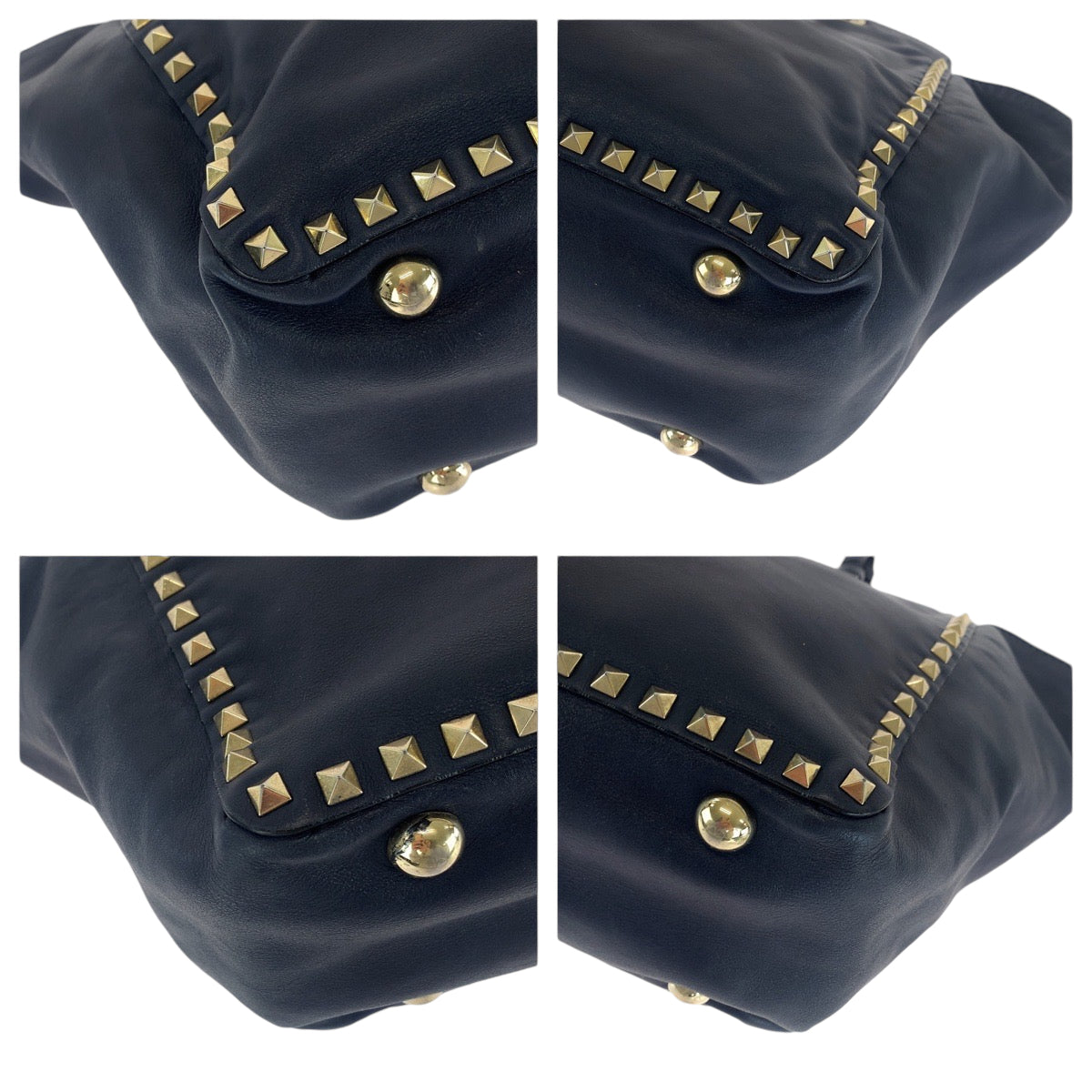 13681
VALENTINO ヴァレンティノ ロックスタッズ ネイビー ゴールド金具 レザー ショルダーバッグ ハンドバッグ  レディース