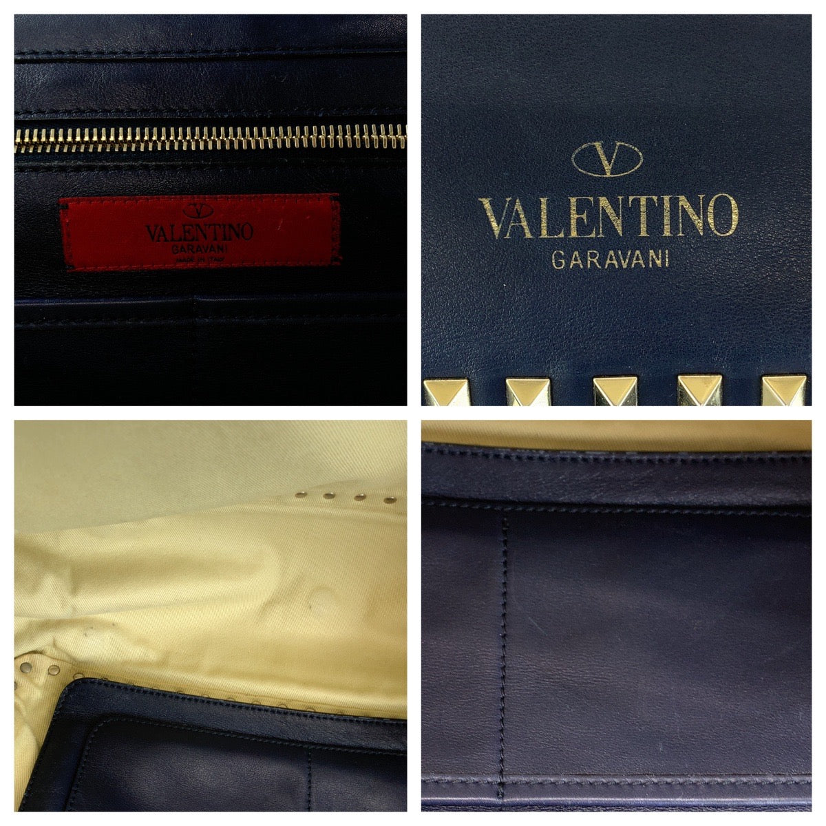 13681
VALENTINO ヴァレンティノ ロックスタッズ ネイビー ゴールド金具 レザー ショルダーバッグ ハンドバッグ  レディース
