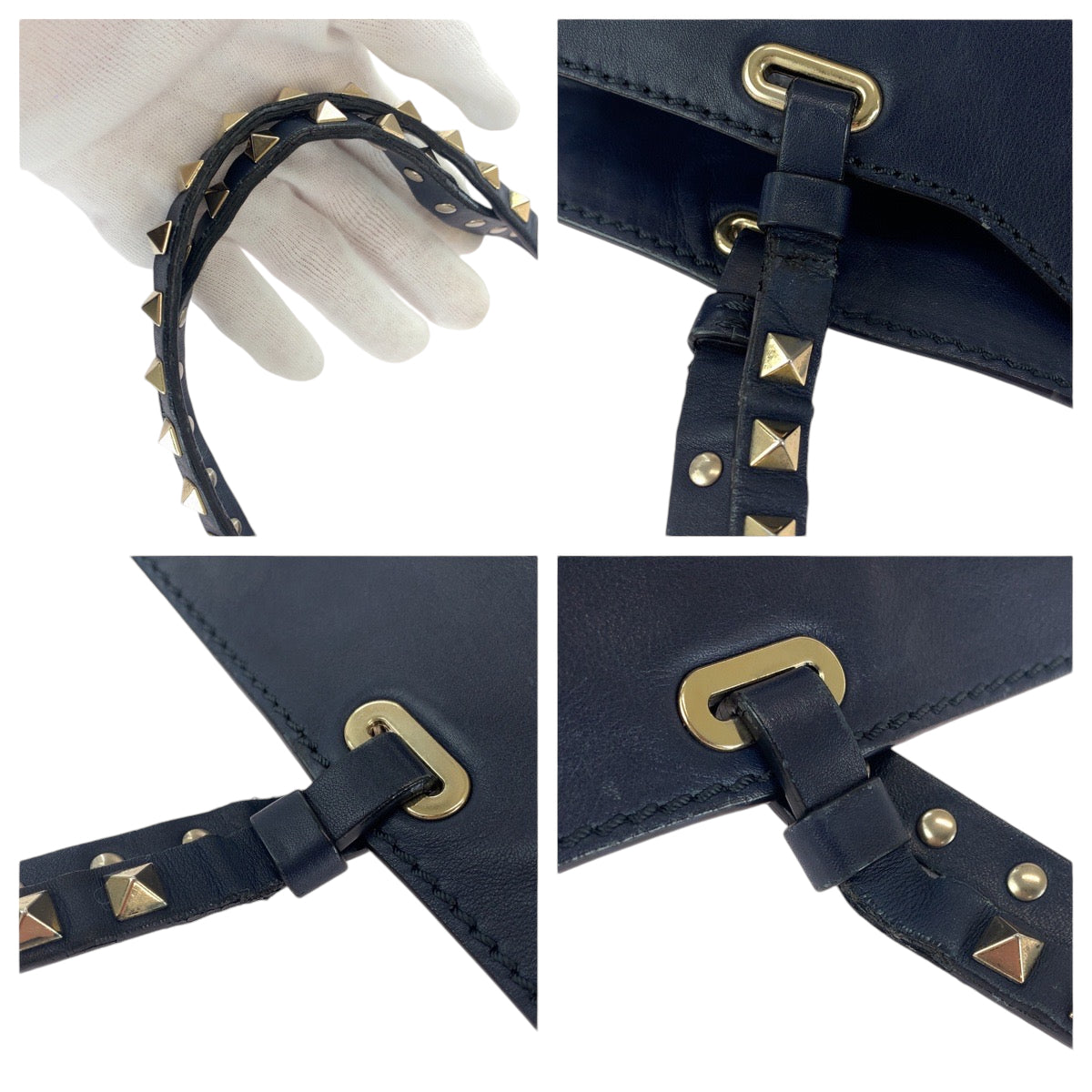 13681
VALENTINO ヴァレンティノ ロックスタッズ ネイビー ゴールド金具 レザー ショルダーバッグ ハンドバッグ  レディース