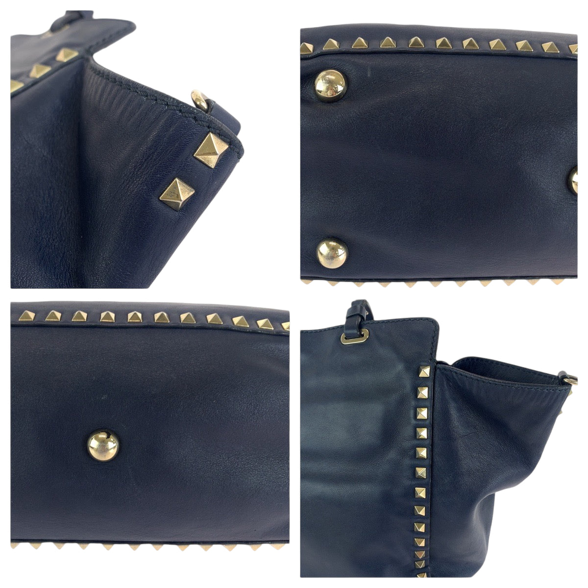 13681
VALENTINO ヴァレンティノ ロックスタッズ ネイビー ゴールド金具 レザー ショルダーバッグ ハンドバッグ  レディース
