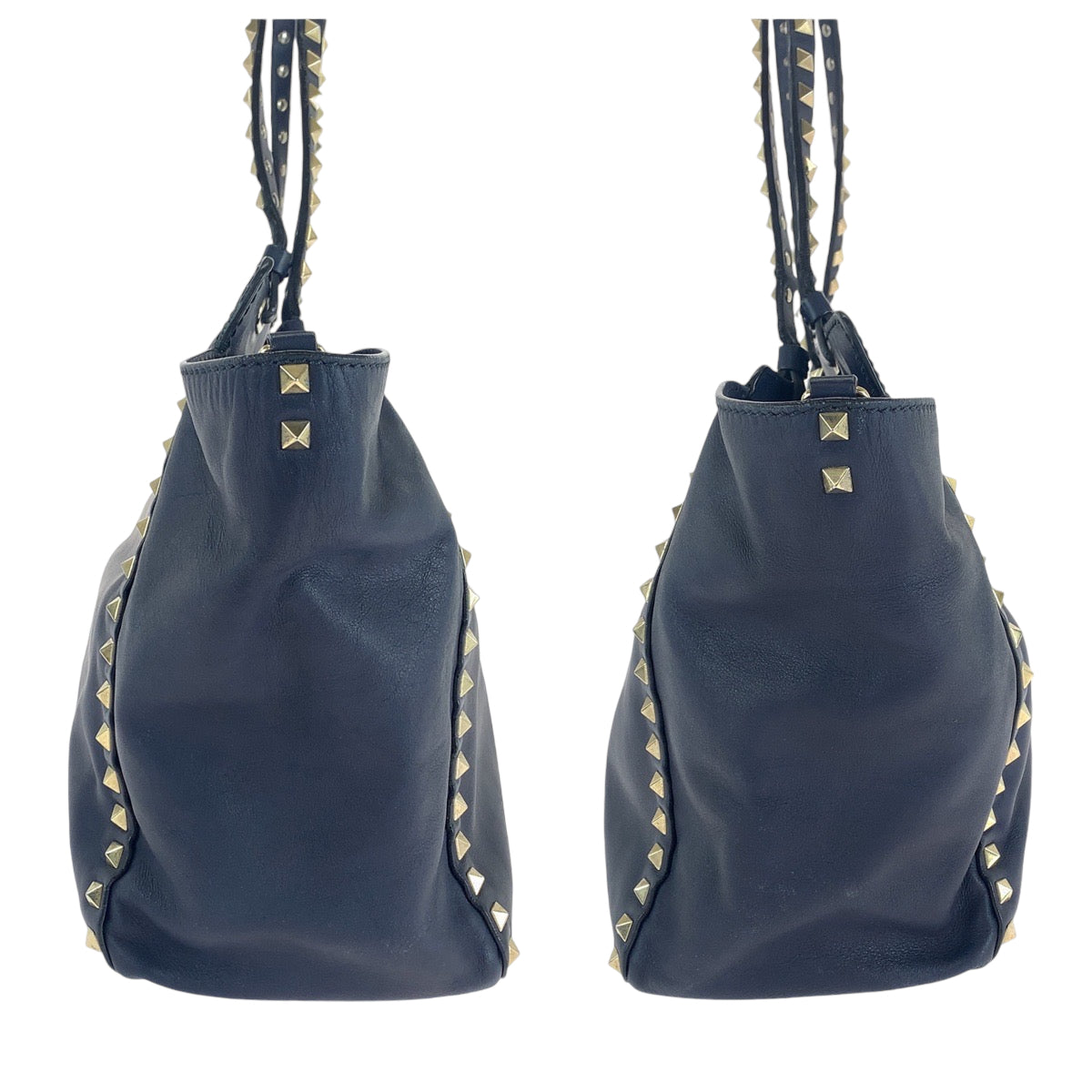 13681
VALENTINO ヴァレンティノ ロックスタッズ ネイビー ゴールド金具 レザー ショルダーバッグ ハンドバッグ  レディース
