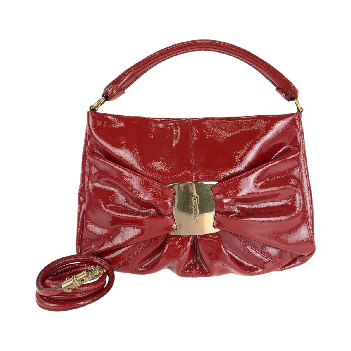 13683
Salvatore Ferragamo サルヴァトーレフェラガモ ヴァラ レッド ゴールド金具 パテントレザー ホーボー ショルダーバッグ ハンドバッグ 2way  レディース