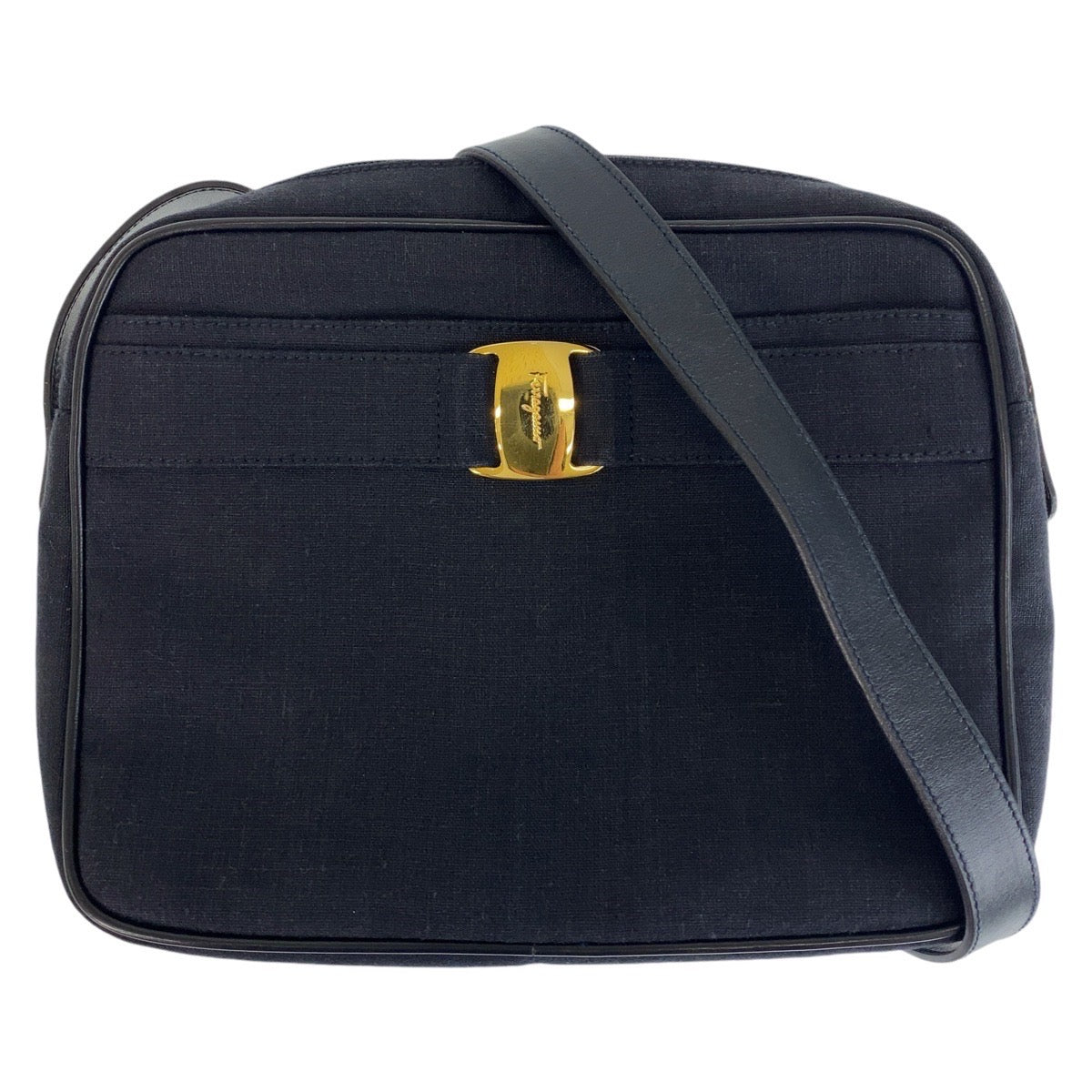 13686
Salvatore Ferragamo サルヴァトーレフェラガモ ヴァラ ネイビー ゴールド金具 キャンバス / レザー ショルダーバッグ ポシェット  レディース