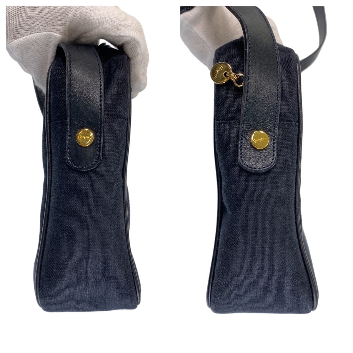13686
Salvatore Ferragamo サルヴァトーレフェラガモ ヴァラ ネイビー ゴールド金具 キャンバス / レザー ショルダーバッグ ポシェット  レディース