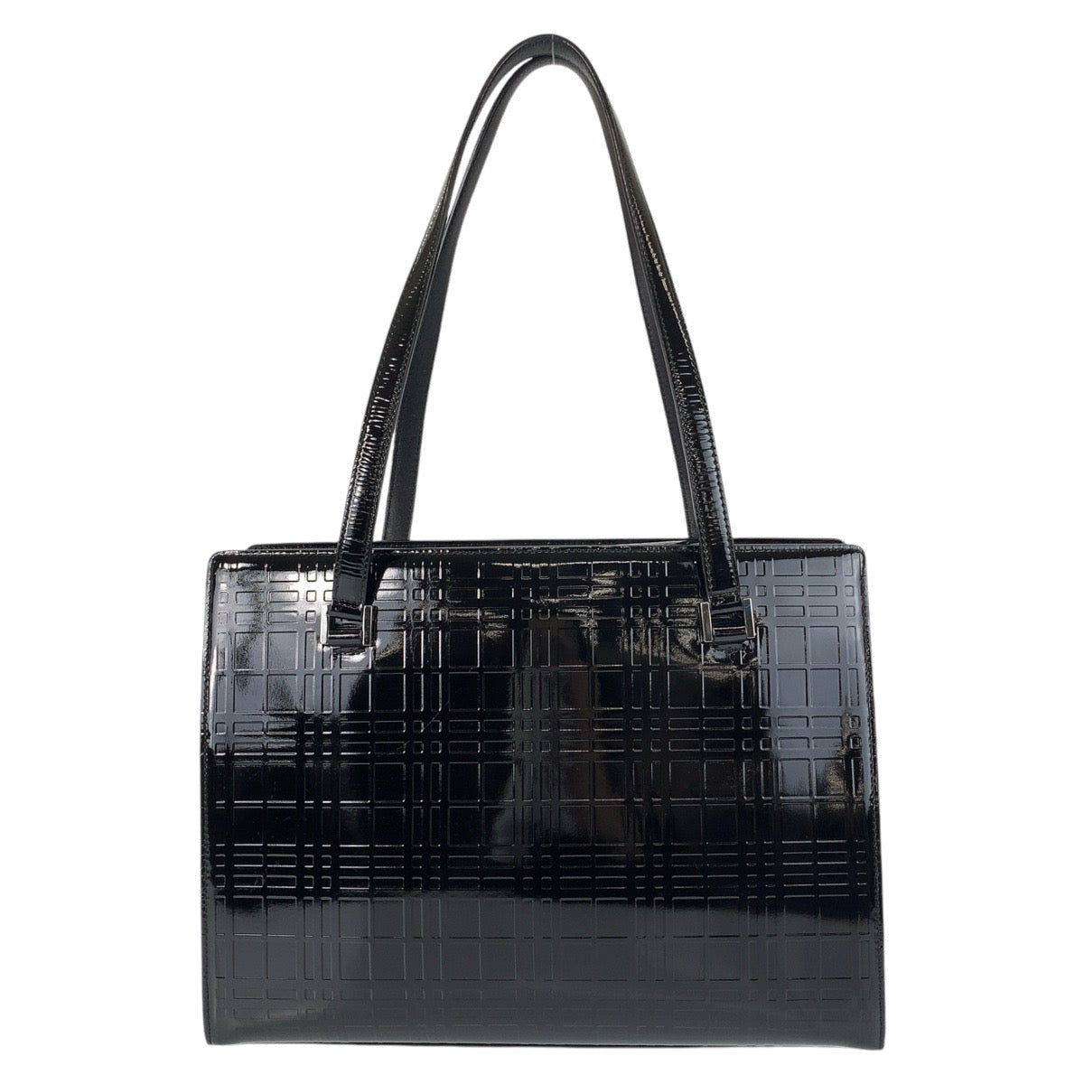 13687
BURBERRY バーバリー チェック柄 型押し ブラック 黒 シルバー金具 パテントレザー トートバック ショルダーバッグ  レディース