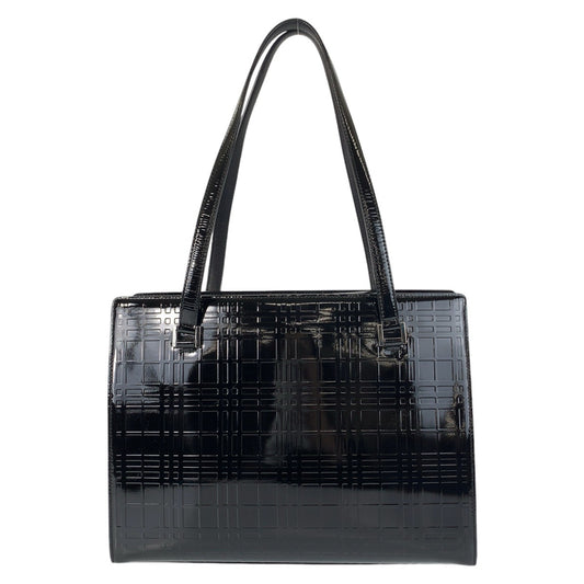 13687
BURBERRY バーバリー チェック柄 型押し ブラック 黒 シルバー金具 パテントレザー トートバック ショルダーバッグ  レディース