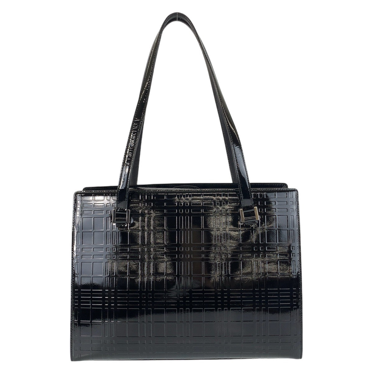 13687
BURBERRY バーバリー チェック柄 型押し ブラック 黒 シルバー金具 パテントレザー トートバック ショルダーバッグ  レディース