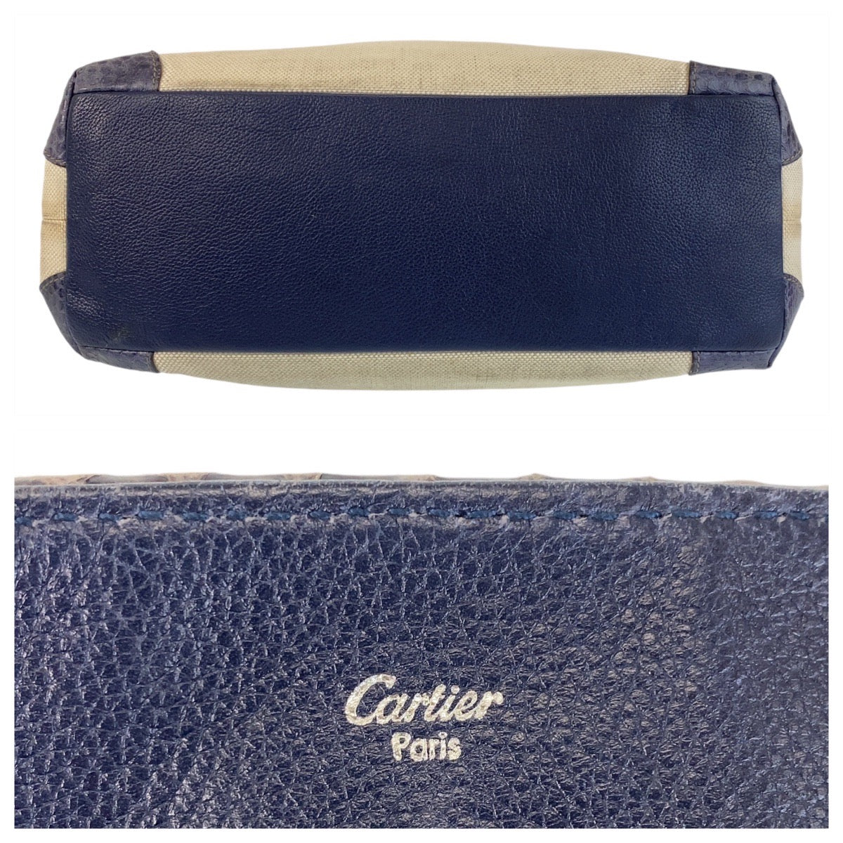 13691
CARTIER カルティエ マルチェロ ベージュ ネイビー シルバー金具 キャンバス / パイソン トートバッグ ショルダーバッグ  レディース