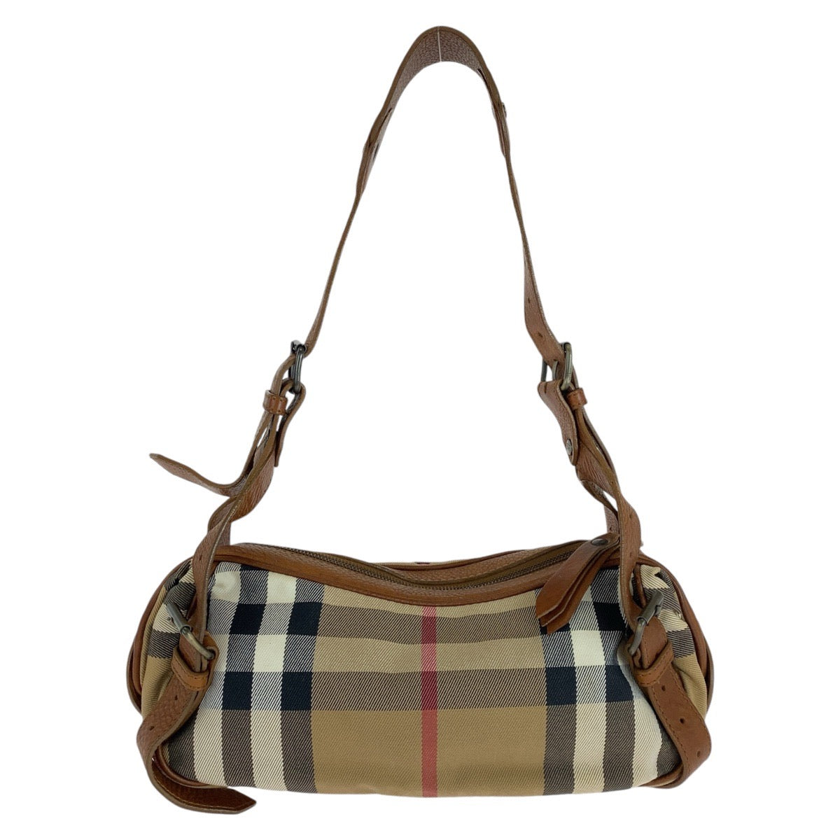 13694
BURBERRY バーバリー プローサム チェック柄 ブラウン ベージュ ガンメタ金具 キャンバス / レザー ショルダーバッグ  レディース ABP24