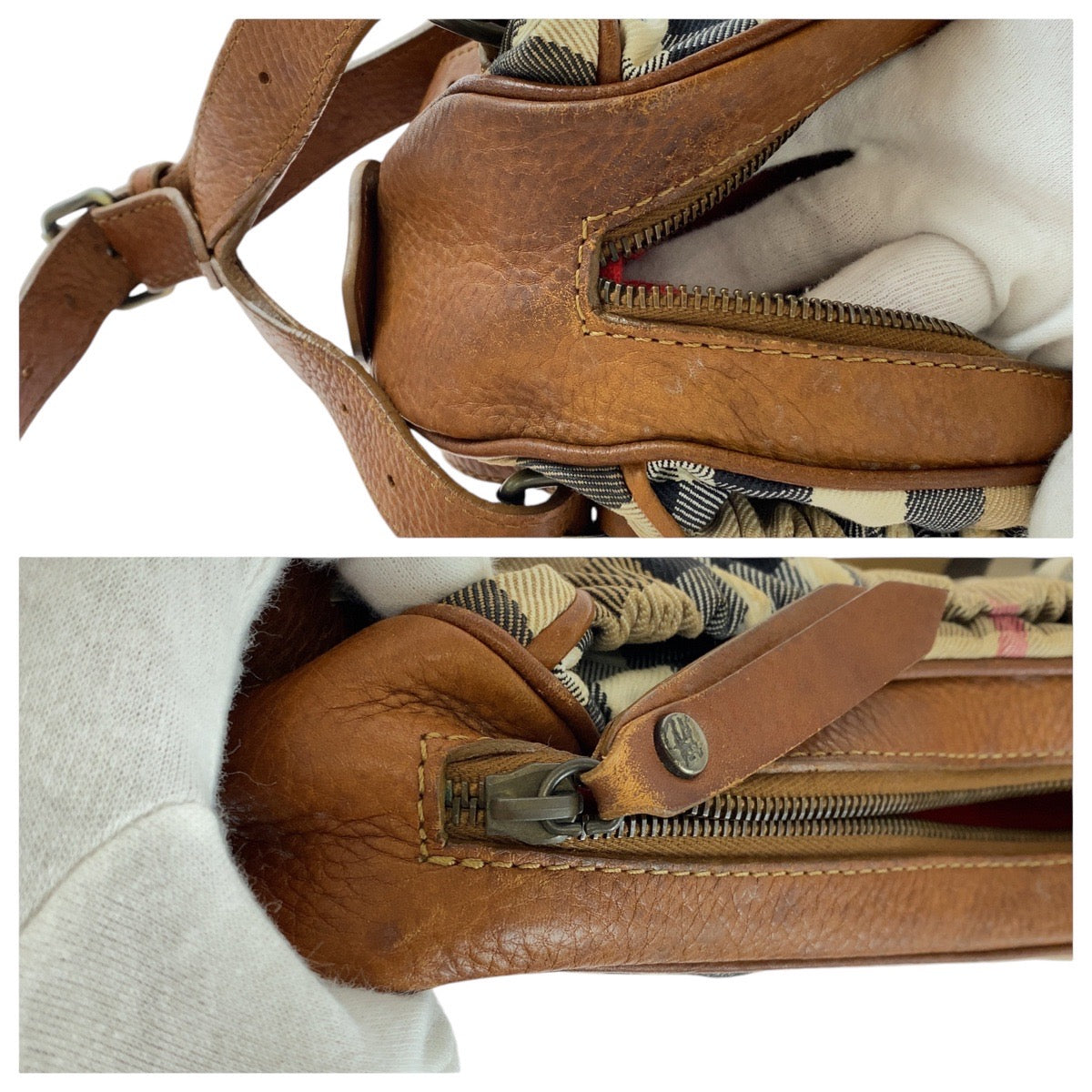 13694
BURBERRY バーバリー プローサム チェック柄 ブラウン ベージュ ガンメタ金具 キャンバス / レザー ショルダーバッグ  レディース ABP24