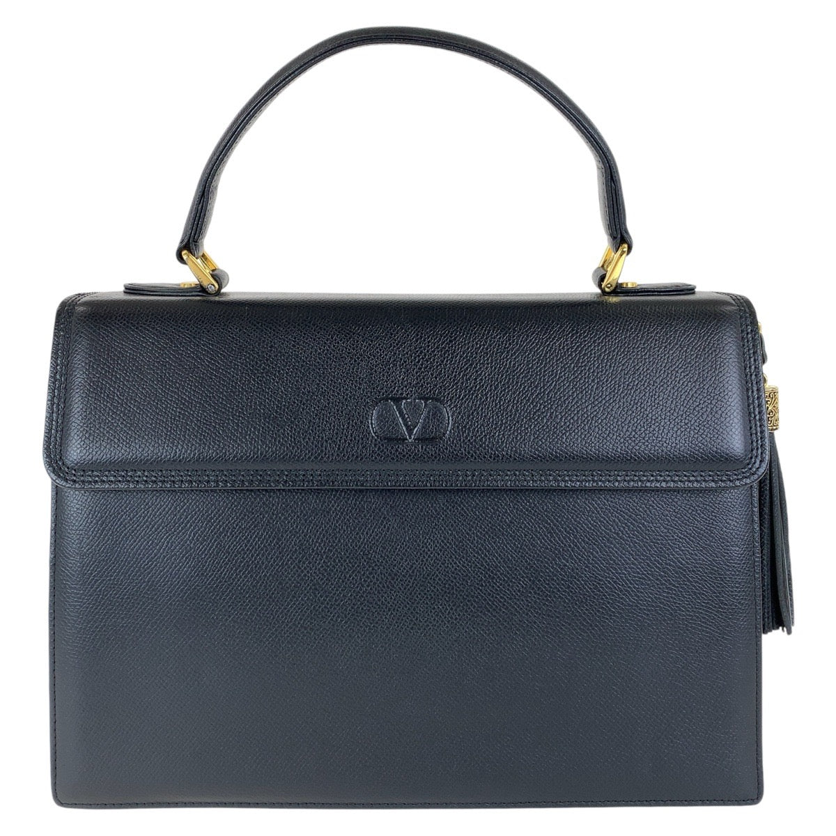 13695
Valentino Garavani ヴァレンティノ ガラヴァーニ ヴィンテージ ケリー型 タッセル ブラック 黒 ゴールド金具 レザー ハンドバッグ  レディース A38