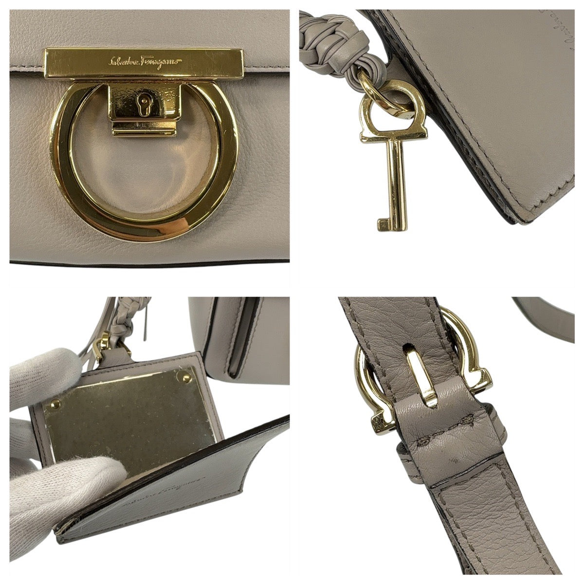 13702
Salvatore Ferragamo サルヴァトーレフェラガモ ガンチーニ グレー ゴールド金具 レザー 斜め掛け ショルダーバッグ ポシェット  レディース A38