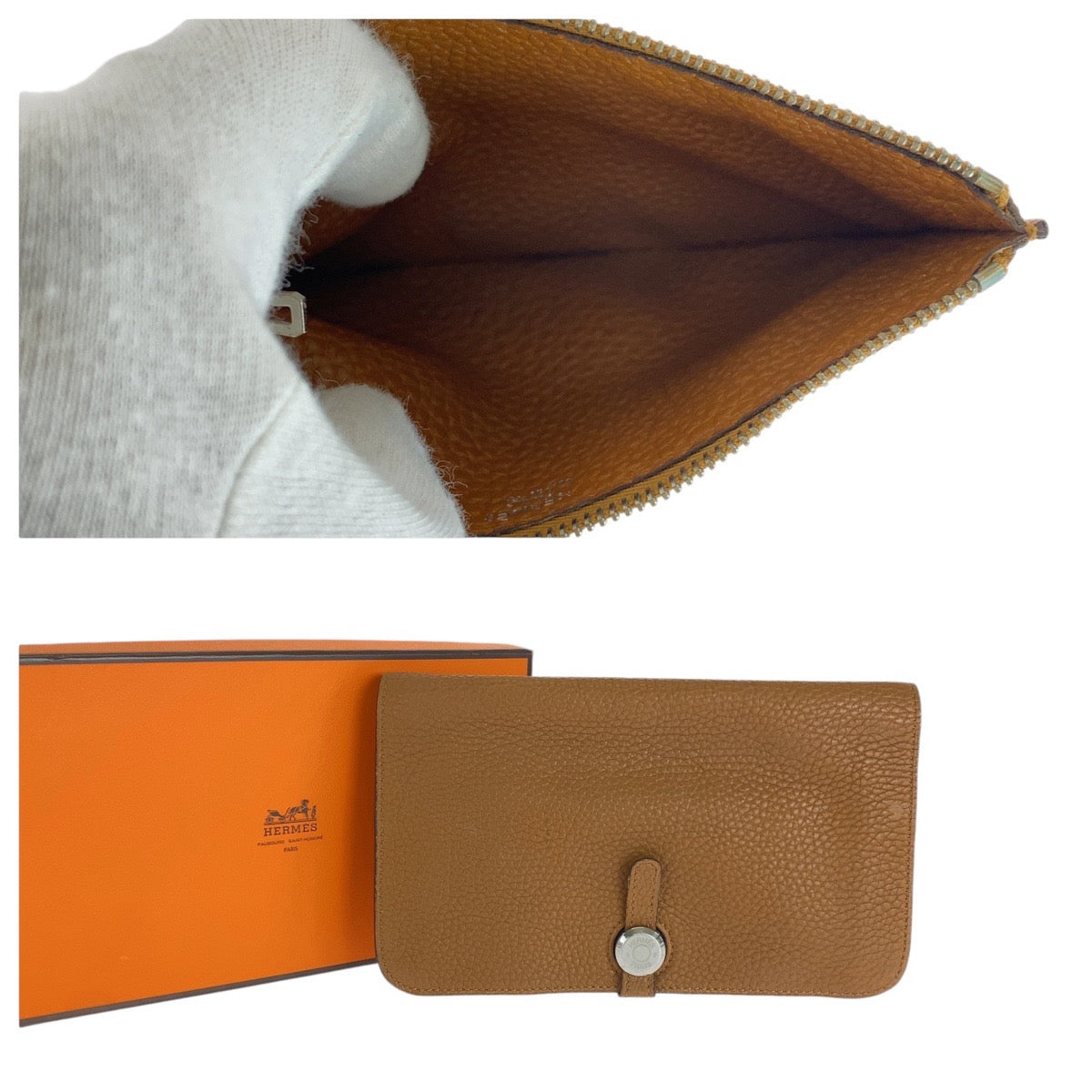 13703
HERMES エルメス ドゴンGM ゴールド ライトブラウン キャメル シルバー金具 トゴ 長財布 ロングウォレット 男女兼用 K刻印  レディース AB34