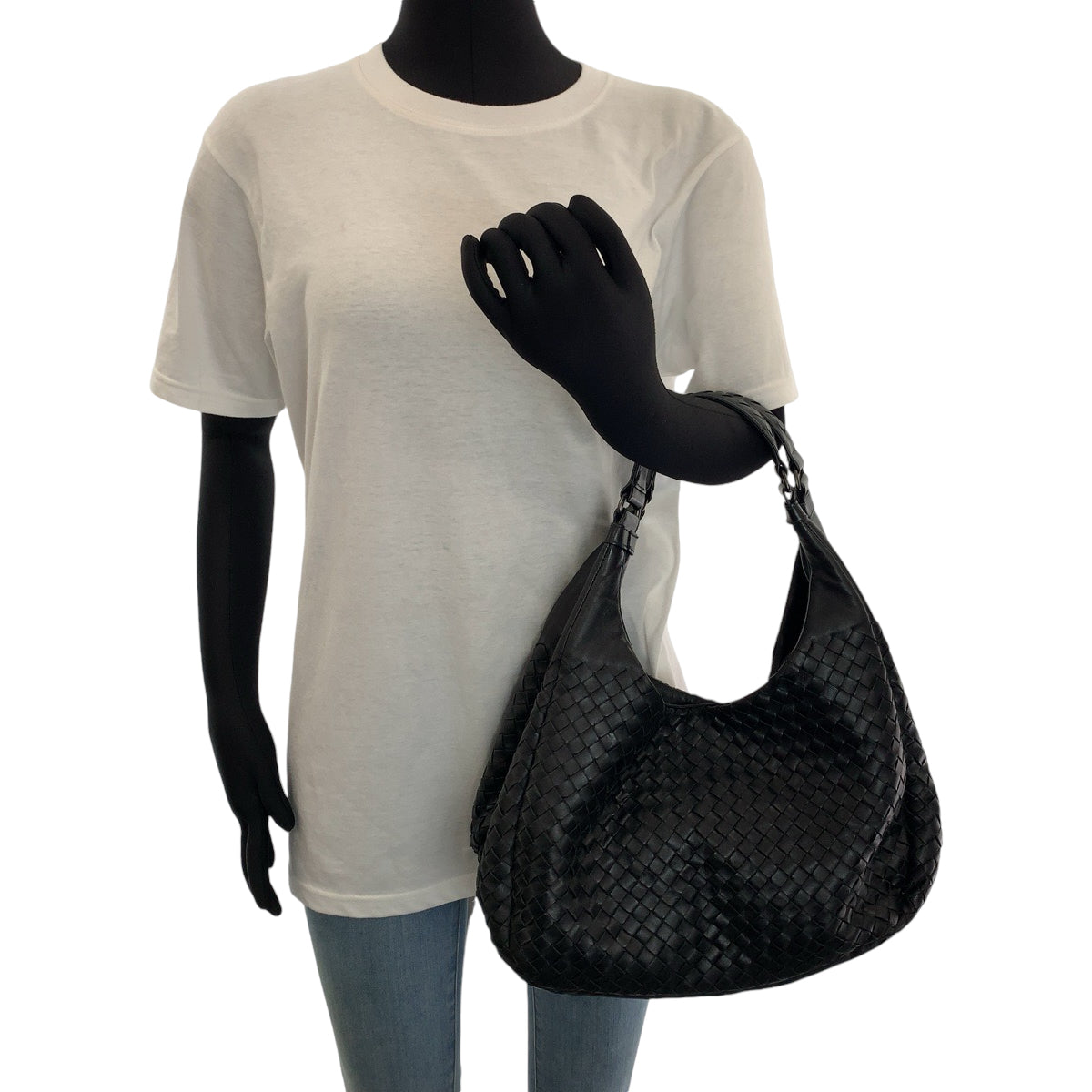 BOTTEGAVENETA Bottega Veneta Intrecciato Campana Black Silver Hardware Leather Hobo Shoulder Bag for Women