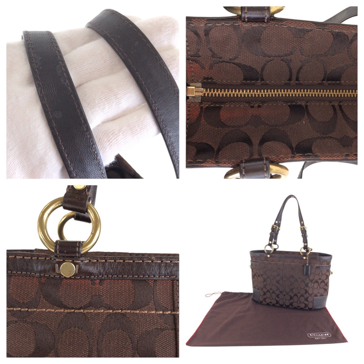 13707
COACH コーチ シグネチャー ブラウン ゴールド金具 キャンバス / レザー トートバッグ ハンドバッグ  レディース