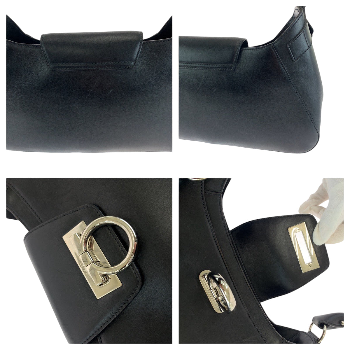 13714
Salvatore Ferragamo サルヴァトーレフェラガモ ガンチーニ ブラック 黒 シルバー金具 レザー AU21 4861 ホーボー ショルダーバッグ  レディース