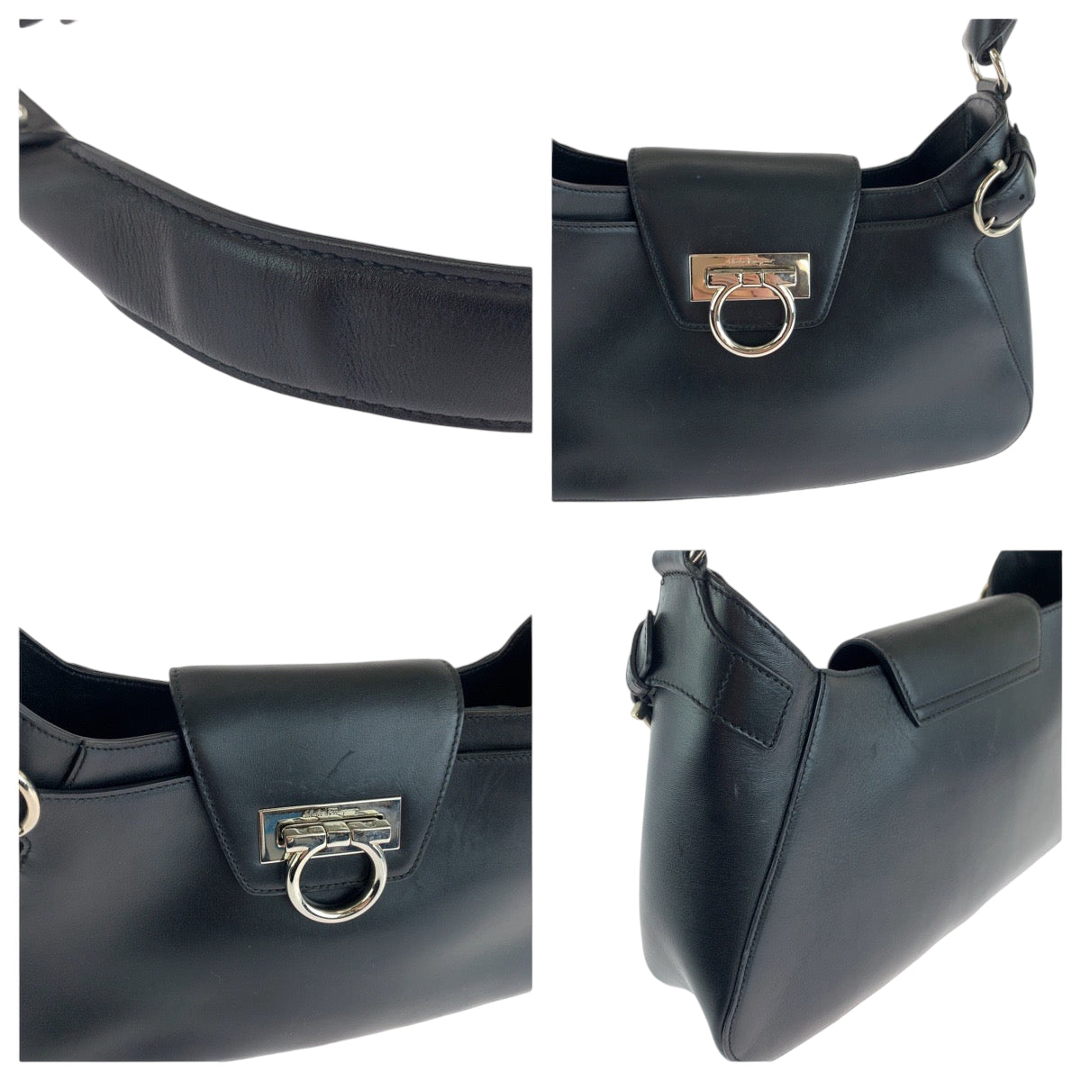 13714
Salvatore Ferragamo サルヴァトーレフェラガモ ガンチーニ ブラック 黒 シルバー金具 レザー AU21 4861 ホーボー ショルダーバッグ  レディース