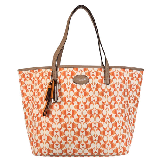 13723
COACH コーチ シグネチャー オレンジ シルバー金具 PVC / レザー トートバッグ ショルダーバッグ  レディース