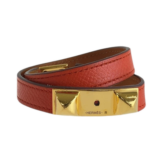 14179
HERMES エルメス リヴァル ドゥブルトゥール オレンジ ゴールド金具 ヴォーエプソン ブレスレット バングル x刻印  レディース