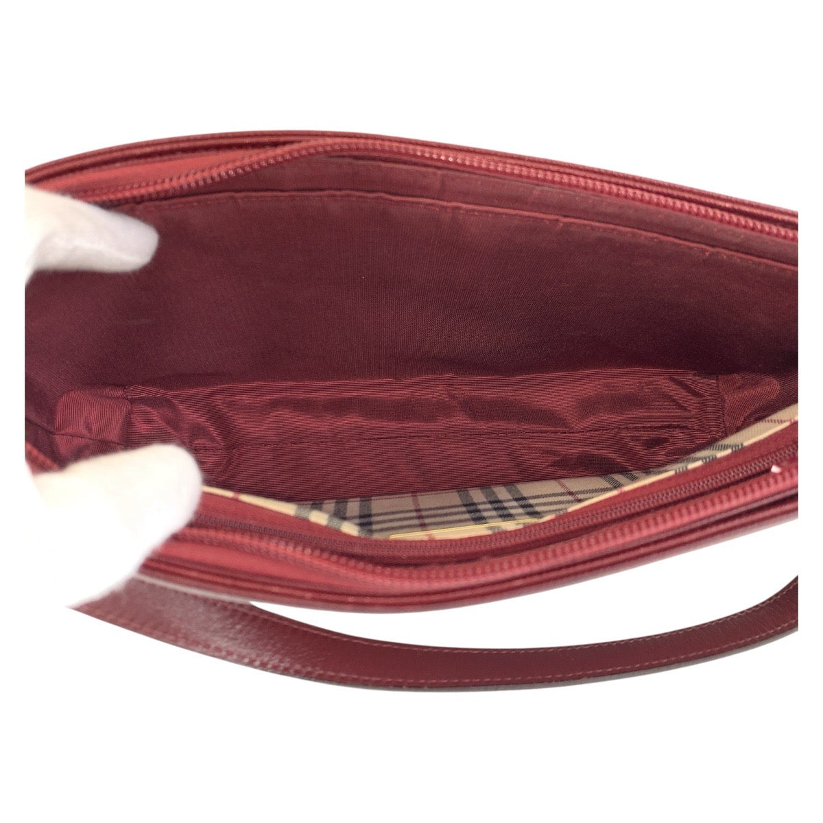 14186
BURBERRY バーバリー 中チェック柄 ボルドー ゴールド金具 レザー ショルダーバッグ  レディース
