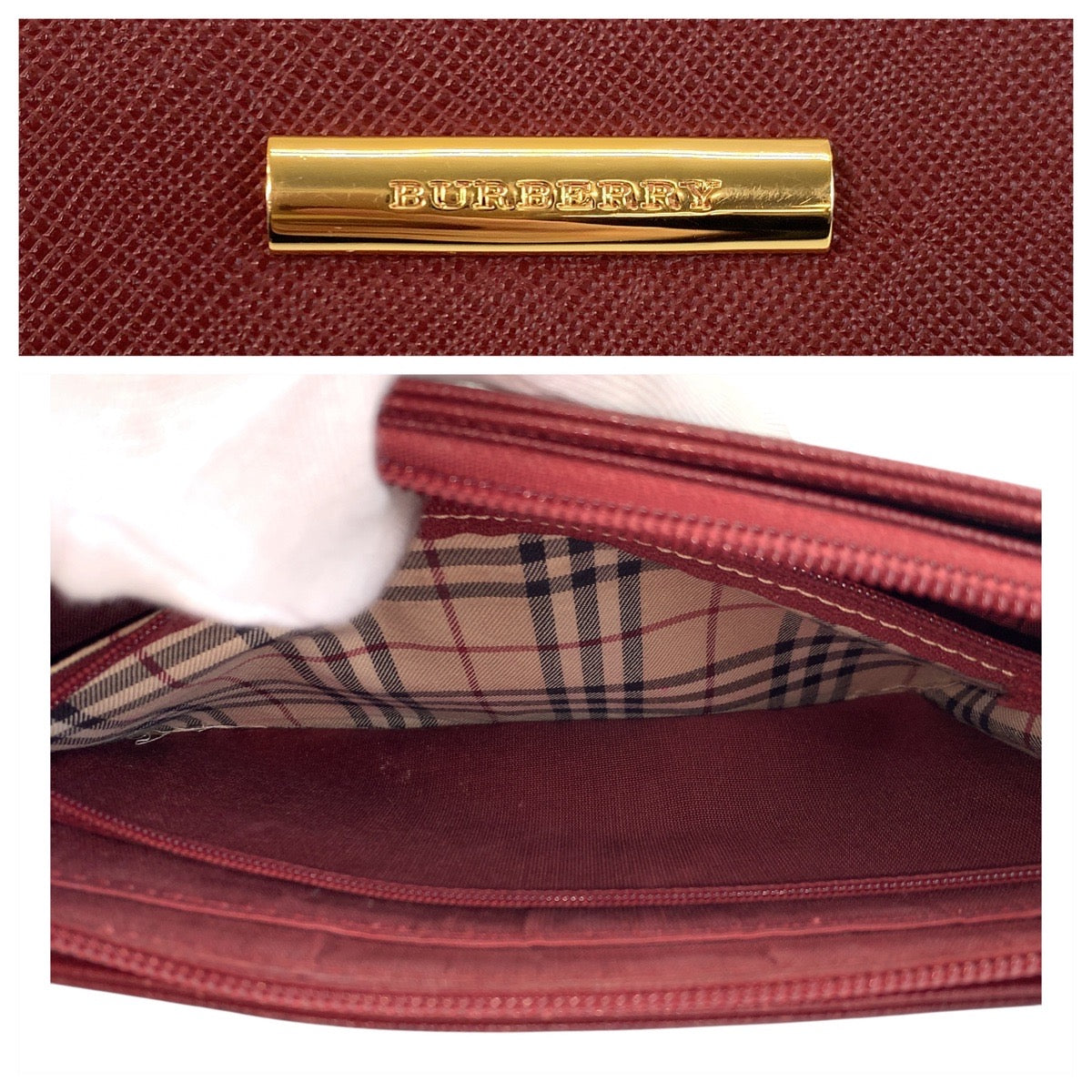 14186
BURBERRY バーバリー 中チェック柄 ボルドー ゴールド金具 レザー ショルダーバッグ  レディース