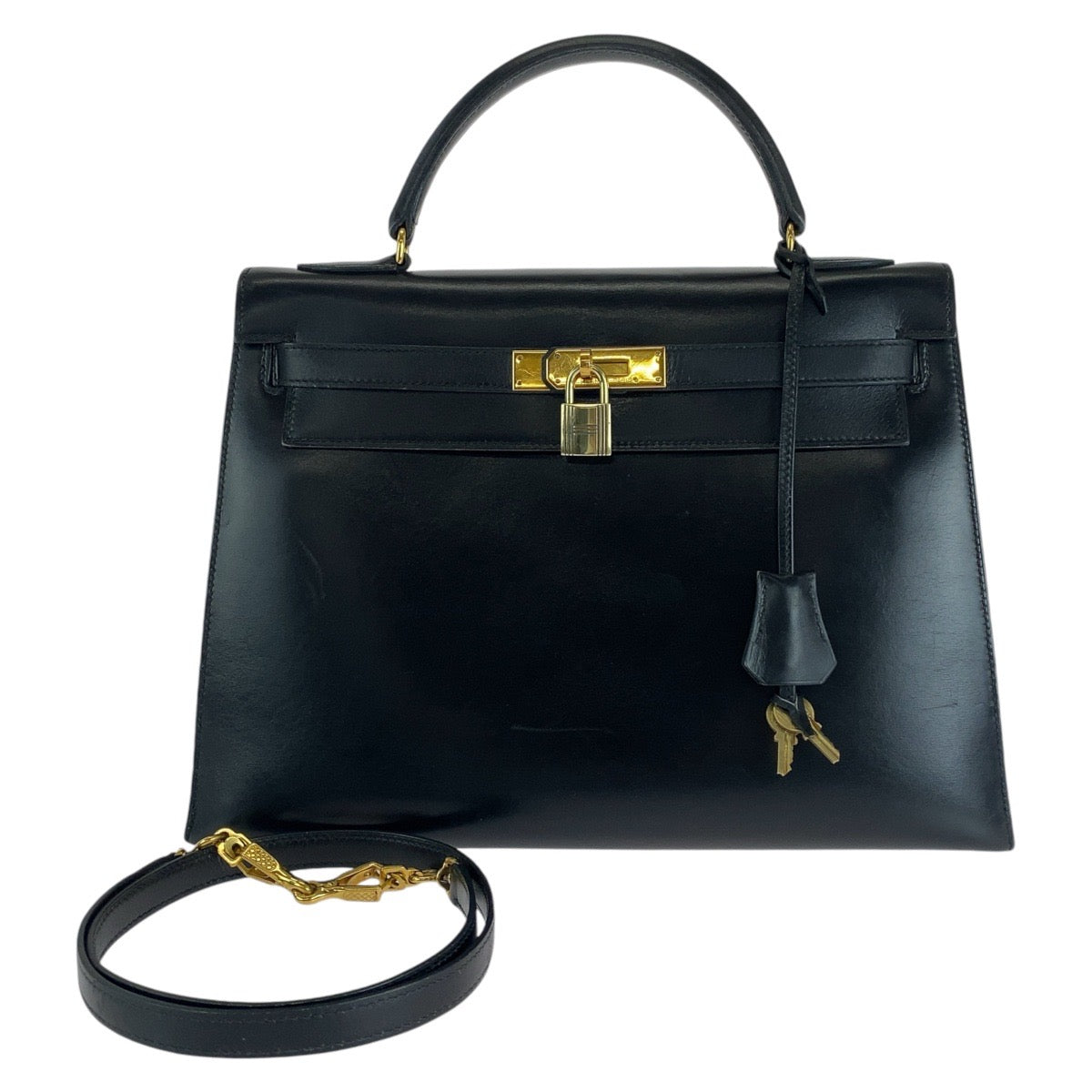 13751
HERMES エルメス ヴィンテージ ケリー32 外縫い ブラック 黒 ゴールド金具 ボックスカーフ ハンドバッグ ショルダーバッグ 2way O刻印  レディース