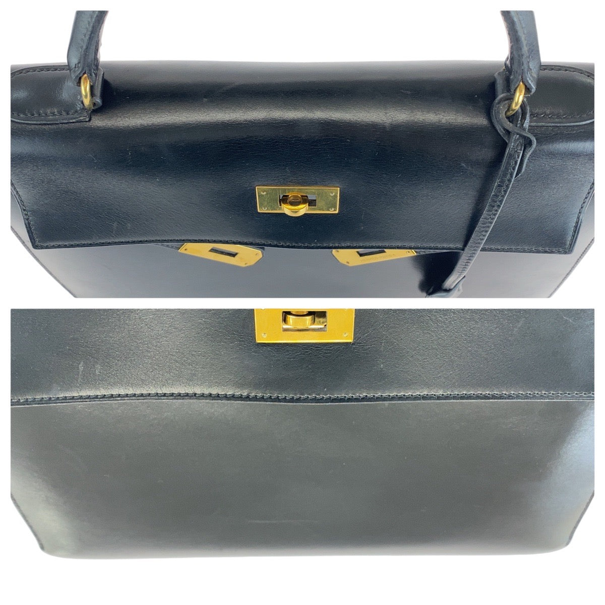 13751
HERMES エルメス ヴィンテージ ケリー32 外縫い ブラック 黒 ゴールド金具 ボックスカーフ ハンドバッグ ショルダーバッグ 2way O刻印  レディース