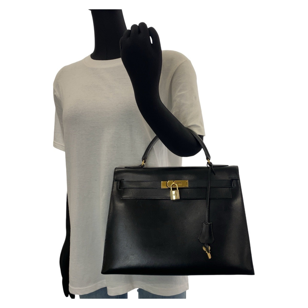 13751
HERMES エルメス ヴィンテージ ケリー32 外縫い ブラック 黒 ゴールド金具 ボックスカーフ ハンドバッグ ショルダーバッグ 2way O刻印  レディース