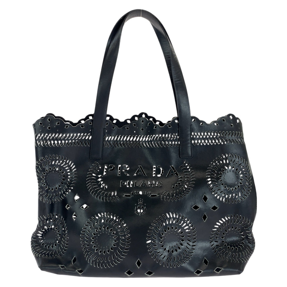 14190
PRADA プラダ パンチング ポーチ付き ブラック 黒 レザー トートバッグ ショルダーバッグ  レディース