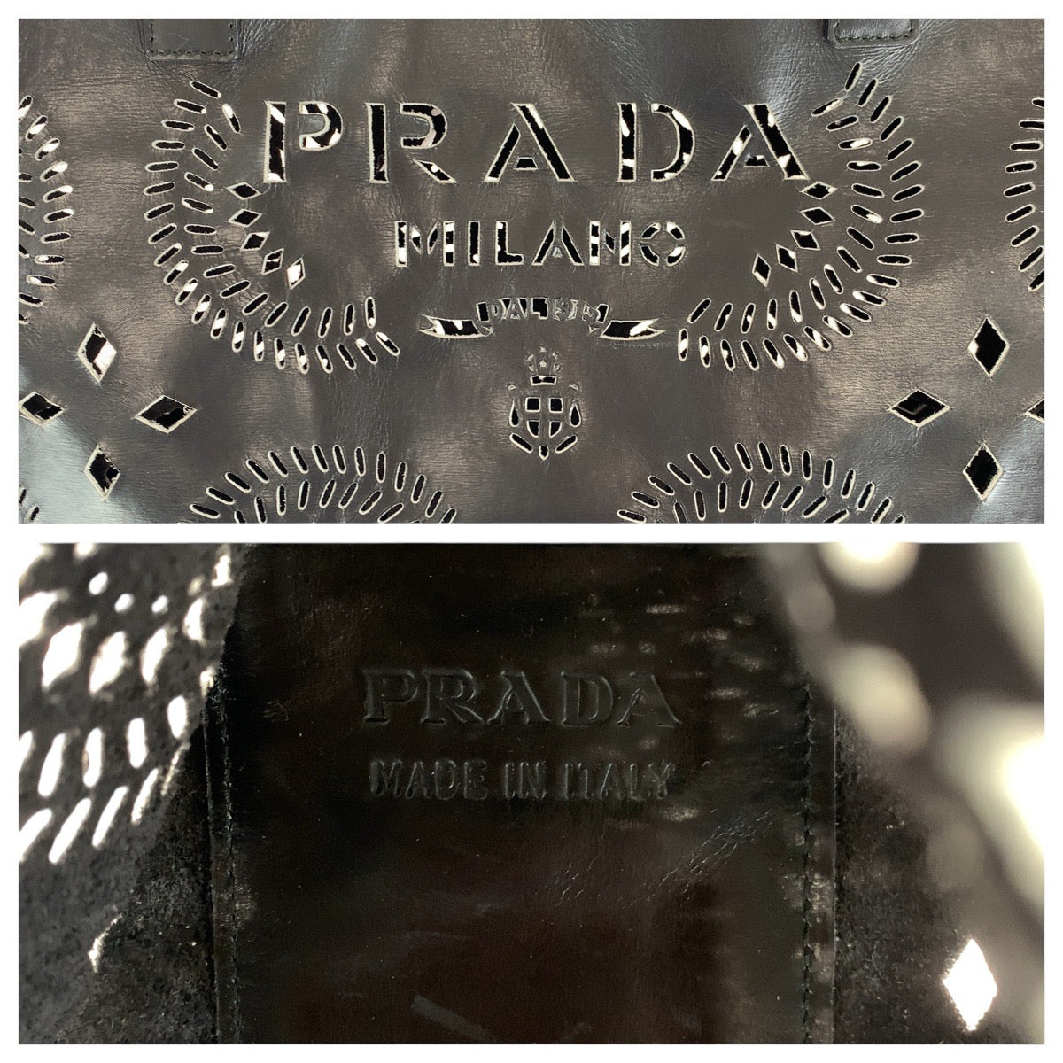 14190
PRADA プラダ パンチング ポーチ付き ブラック 黒 レザー トートバッグ ショルダーバッグ  レディース
