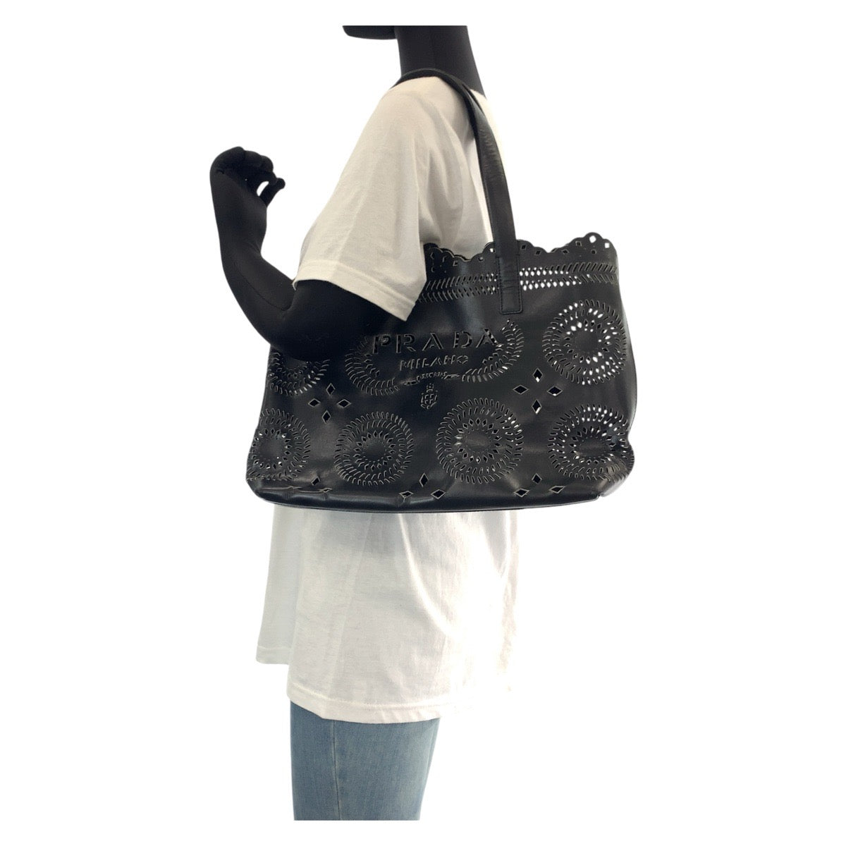 14190
PRADA プラダ パンチング ポーチ付き ブラック 黒 レザー トートバッグ ショルダーバッグ  レディース