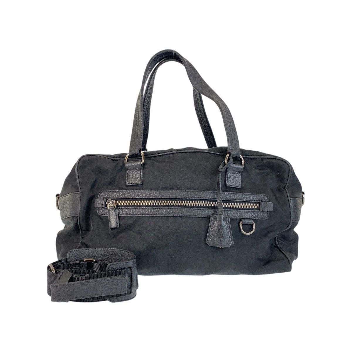 14192
PRADA プラダ 三角ロゴプレート ブラック 黒 シルバー金具 ナイロン / レザー ボストンバッグ ハンドバッグ 男女兼用 ２way  レディース ABP32