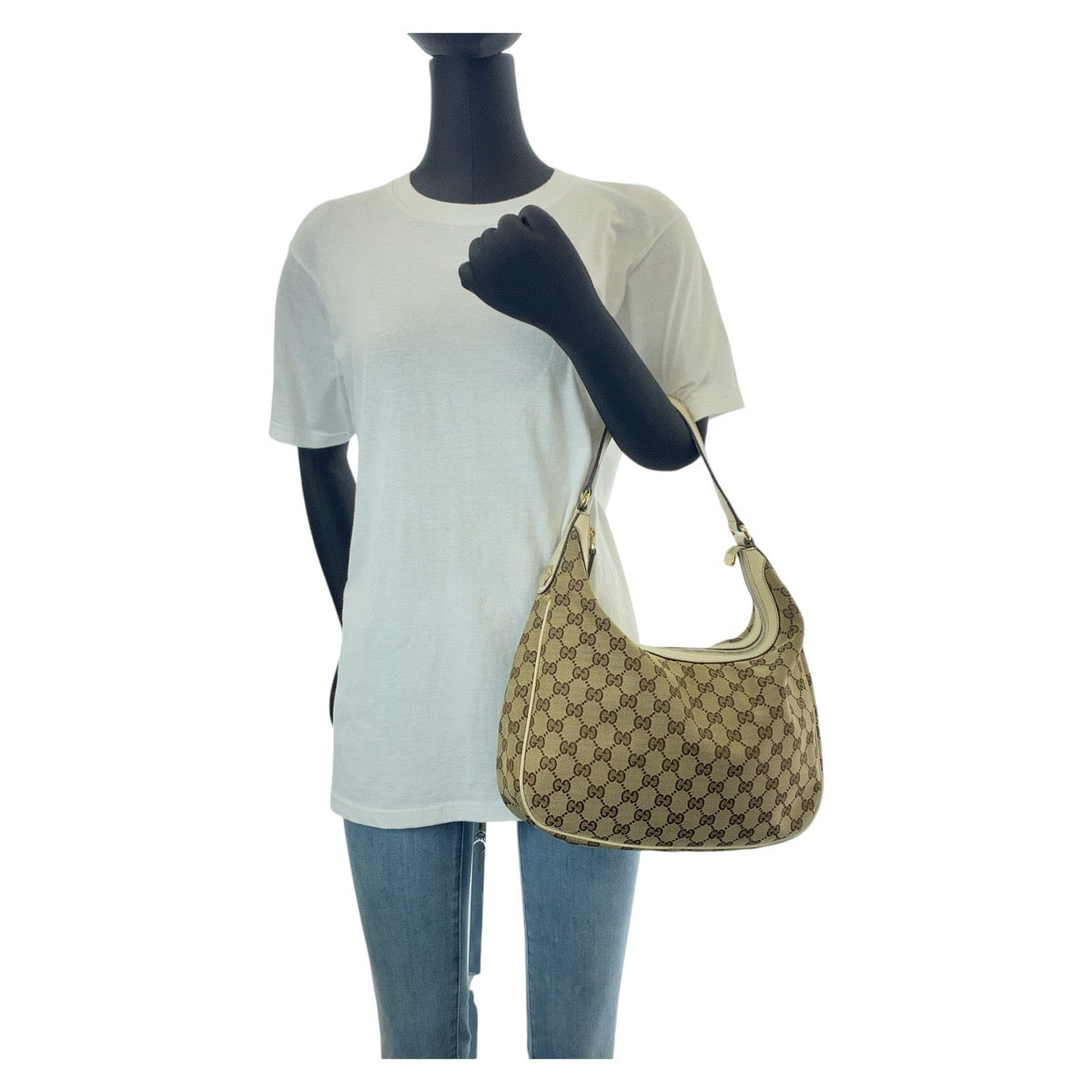 14197
GUCCI グッチ ベージュ アイボリー ゴールド金具 GGキャンバス / レザー 153010 ショルダーバッグ ホーボー  レディース