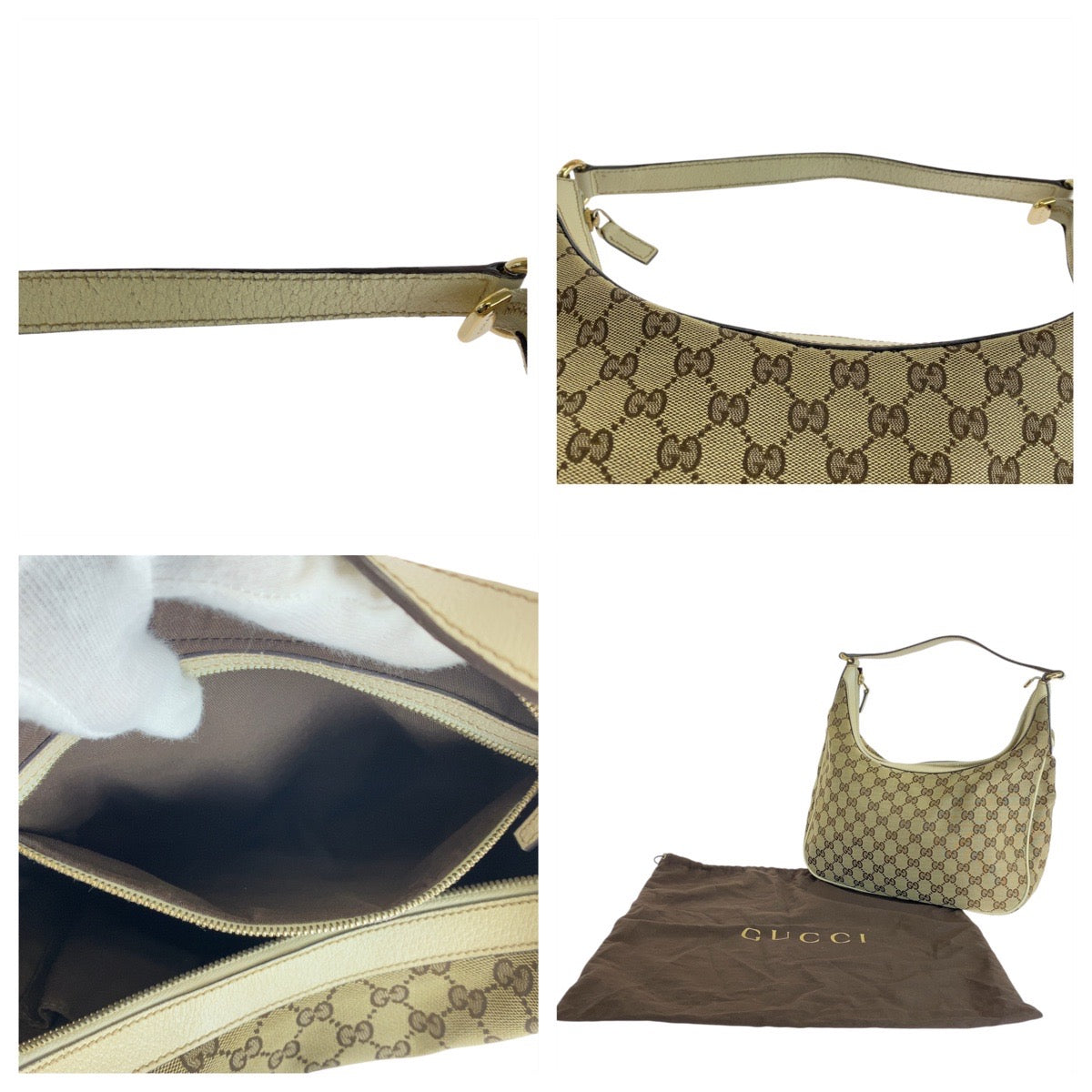 14197
GUCCI グッチ ベージュ アイボリー ゴールド金具 GGキャンバス / レザー 153010 ショルダーバッグ ホーボー  レディース