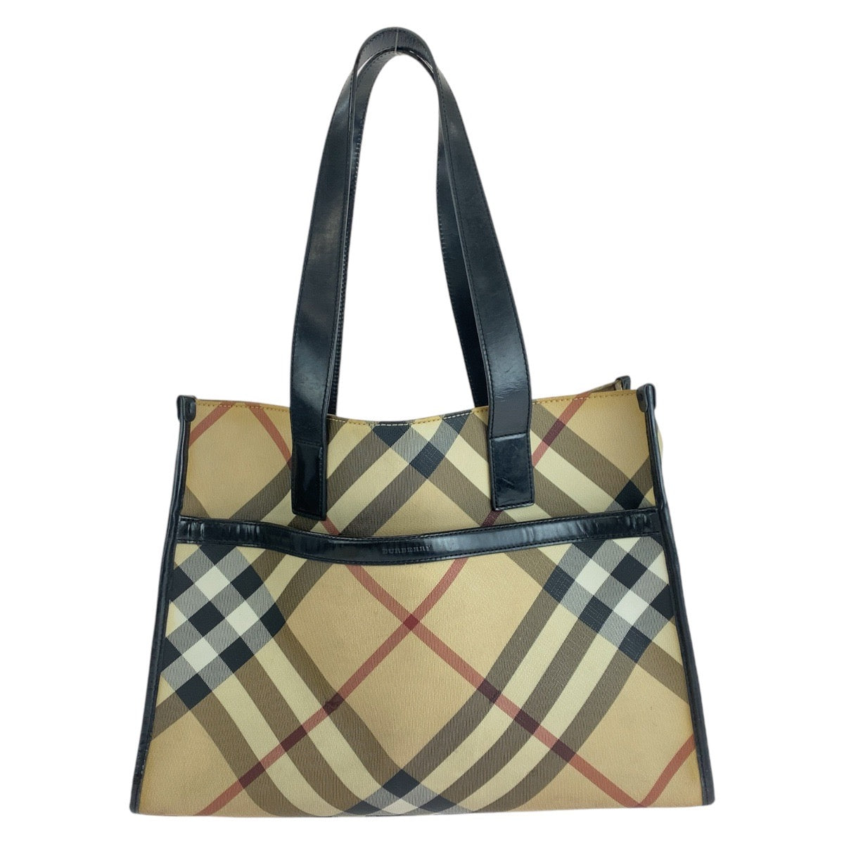 14198
BURBERRY バーバリー チェック柄 ベージュ ブラック 黒 PVC / レザー トートバッグ ショルダーバッグ  レディース