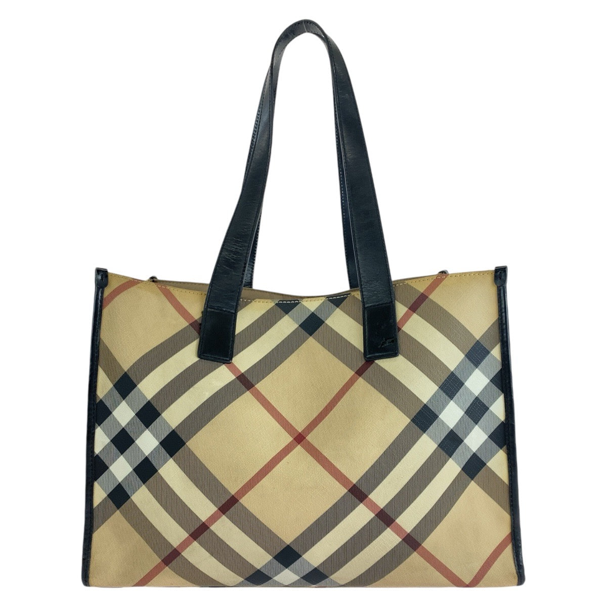 14198
BURBERRY バーバリー チェック柄 ベージュ ブラック 黒 PVC / レザー トートバッグ ショルダーバッグ  レディース