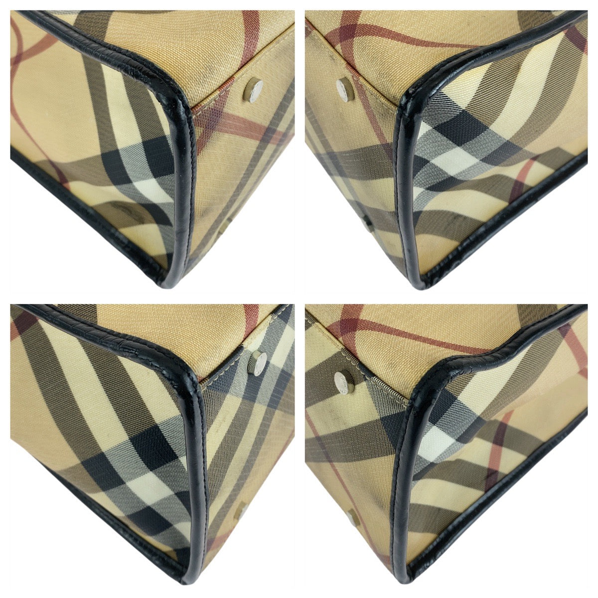 14198
BURBERRY バーバリー チェック柄 ベージュ ブラック 黒 PVC / レザー トートバッグ ショルダーバッグ  レディース