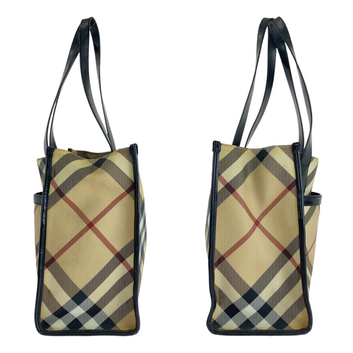 14198
BURBERRY バーバリー チェック柄 ベージュ ブラック 黒 PVC / レザー トートバッグ ショルダーバッグ  レディース