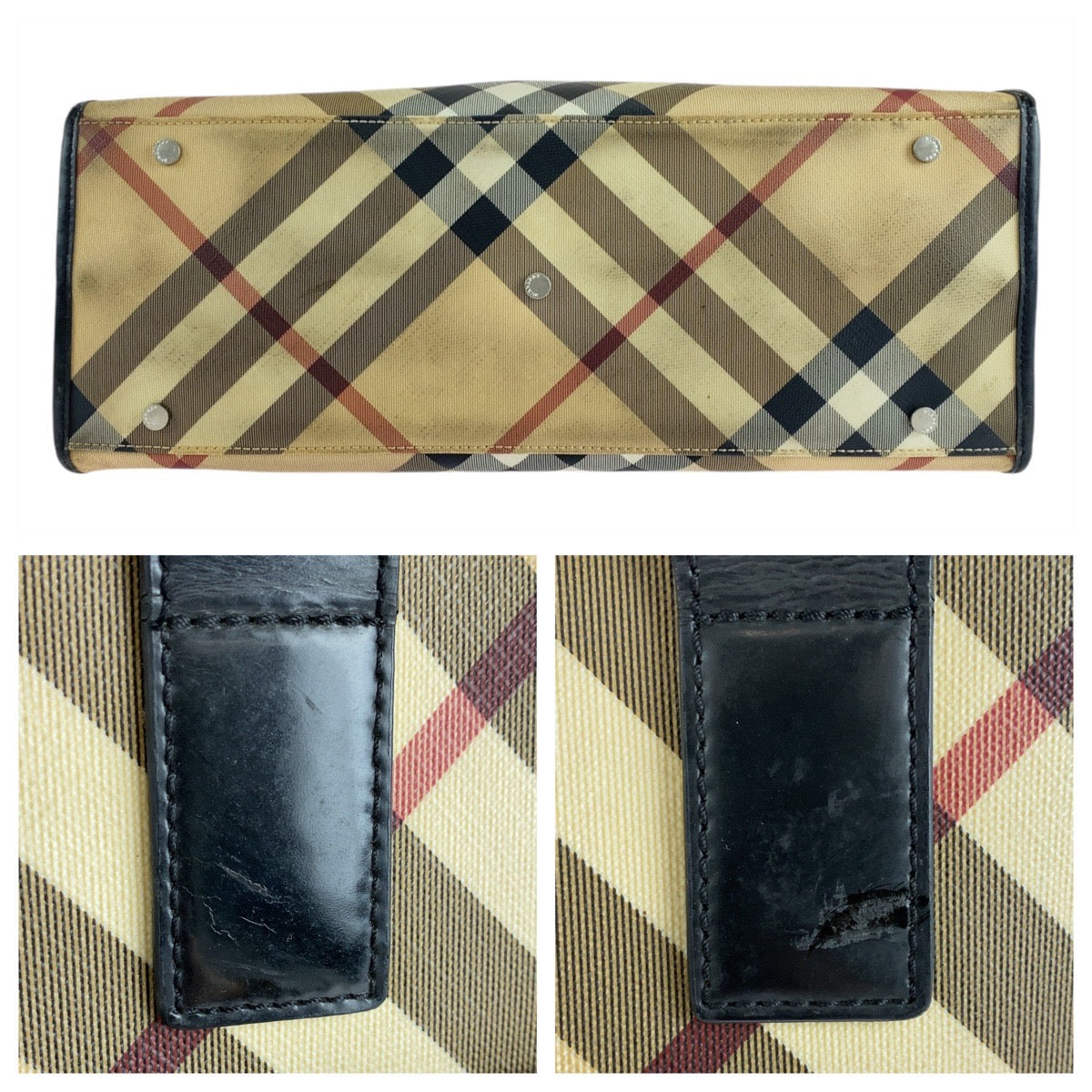 14198
BURBERRY バーバリー チェック柄 ベージュ ブラック 黒 PVC / レザー トートバッグ ショルダーバッグ  レディース