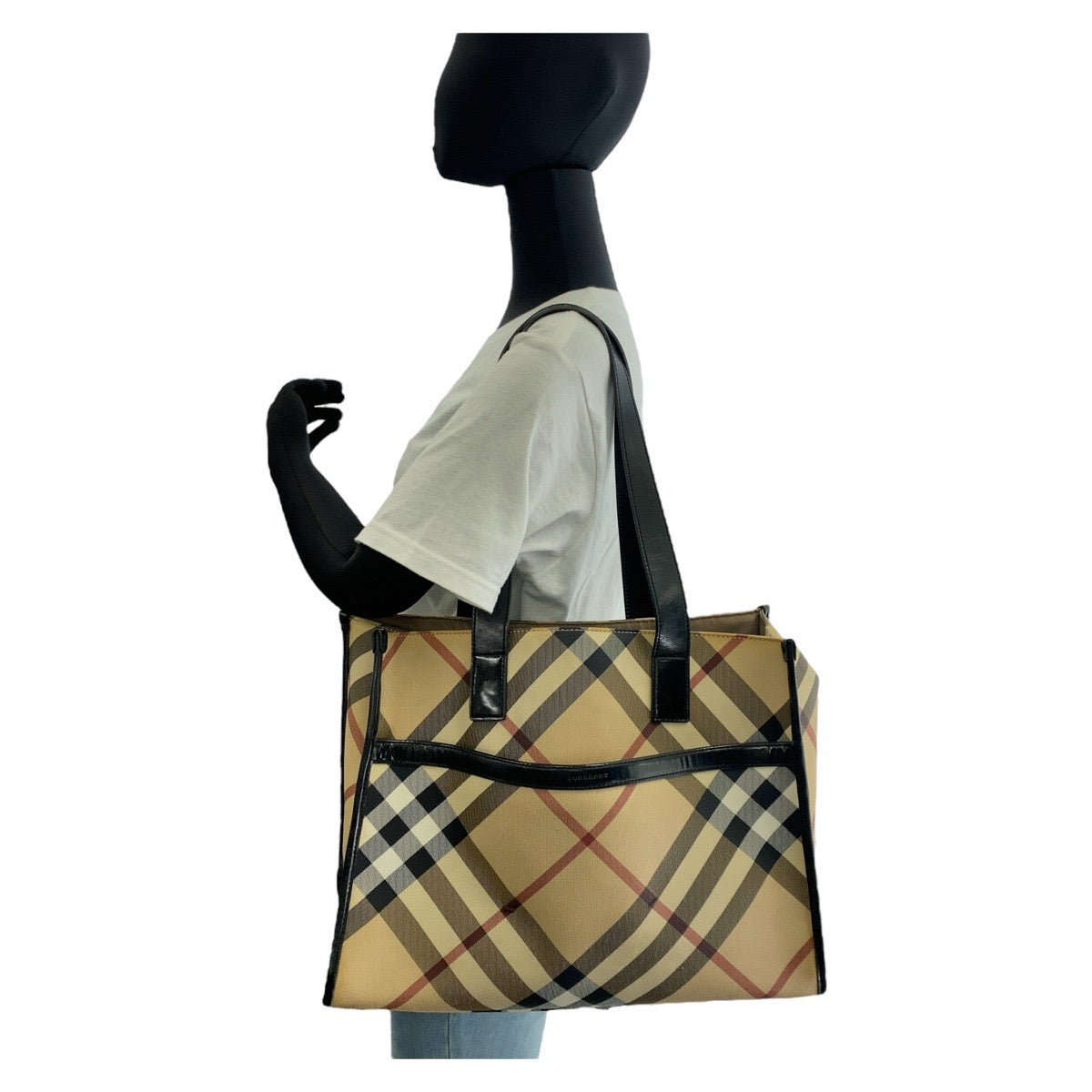 14198
BURBERRY バーバリー チェック柄 ベージュ ブラック 黒 PVC / レザー トートバッグ ショルダーバッグ  レディース