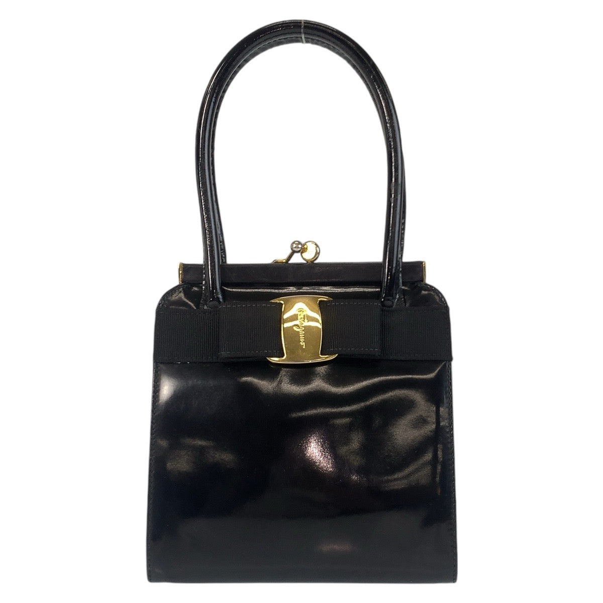 14201
Salvatore Ferragamo サルヴァトーレフェラガモ ヴィンテージ ヴァラリボン ブラック 黒 ゴールド金具 パテントレザー ハンドバッグ  レディース